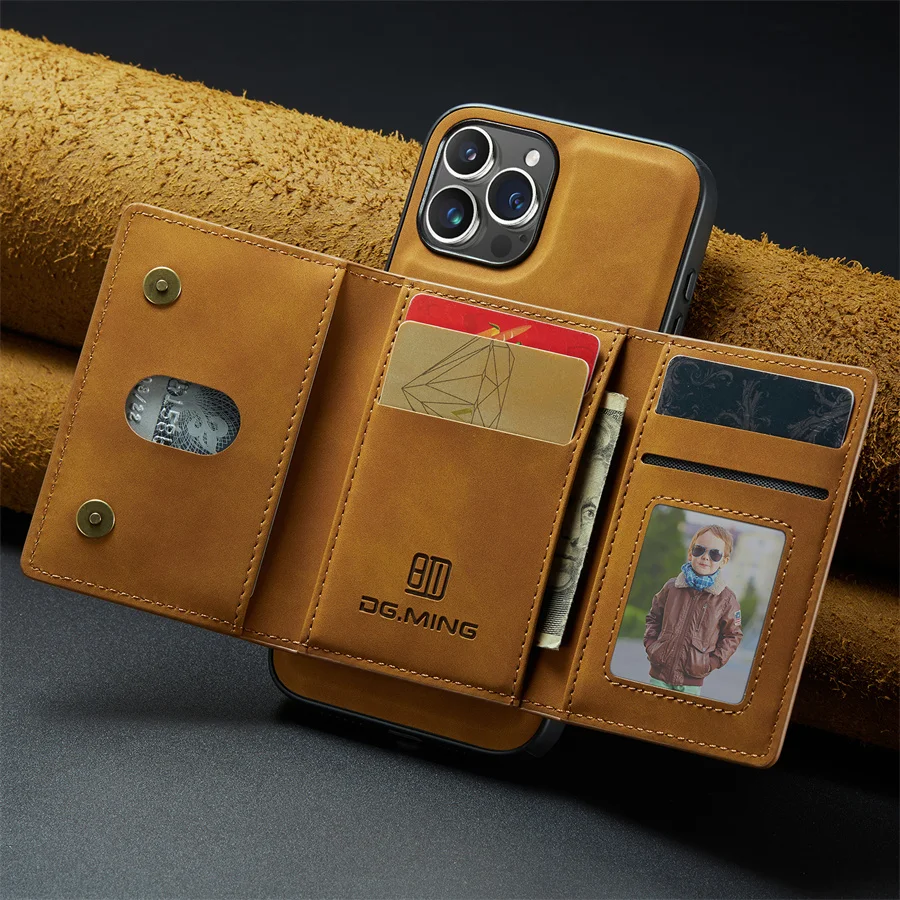 Luksusowe magnetyczne skórzane etui z portfelem dla iPhone'a 15 14 Plus 11 12 13 16 Pro XS Max X XR Magnetyczne, odłączane etui na karty pieniężne — zdjęcie produktu 4