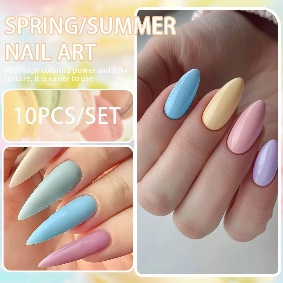 Frühlings- und Sommer-Nagelkunst 2025: Bunte Nägel in 10 Farben – Neuer trendiger Candy Macaroon Nagelgel-Maniküre-Salon – DIY