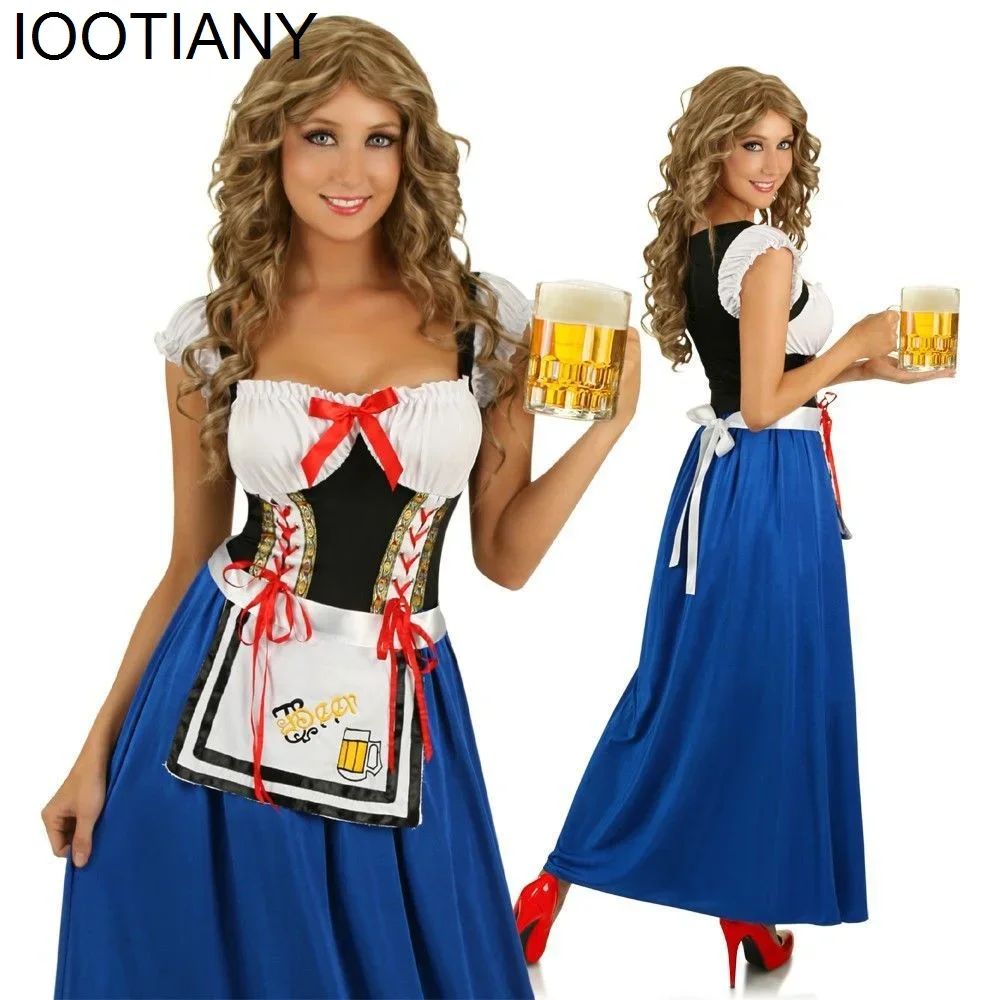 Cosplay carnaval Bar cerveza sirvienta camarera Cosplay disfraz mujer Oktoberfest bávaro vestido largo azul adulto Oktoberfest delantal