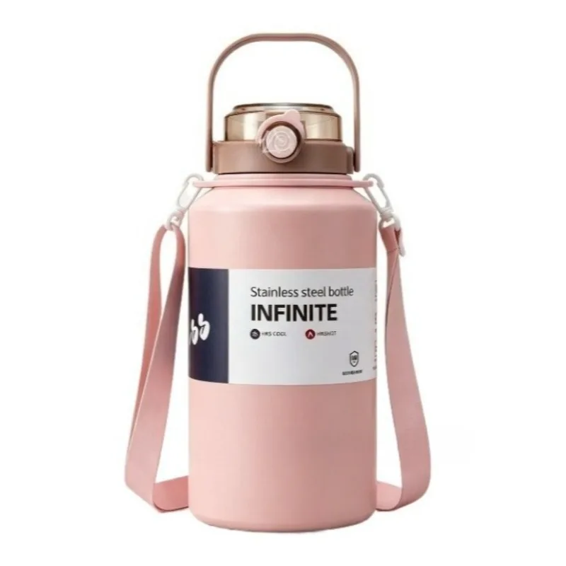 800ml/2000ml Large Capacity Stainless Steel Insulated Water Jug with Strap Handle and Straw Leakproof Vacuum Thermos Mug Sports