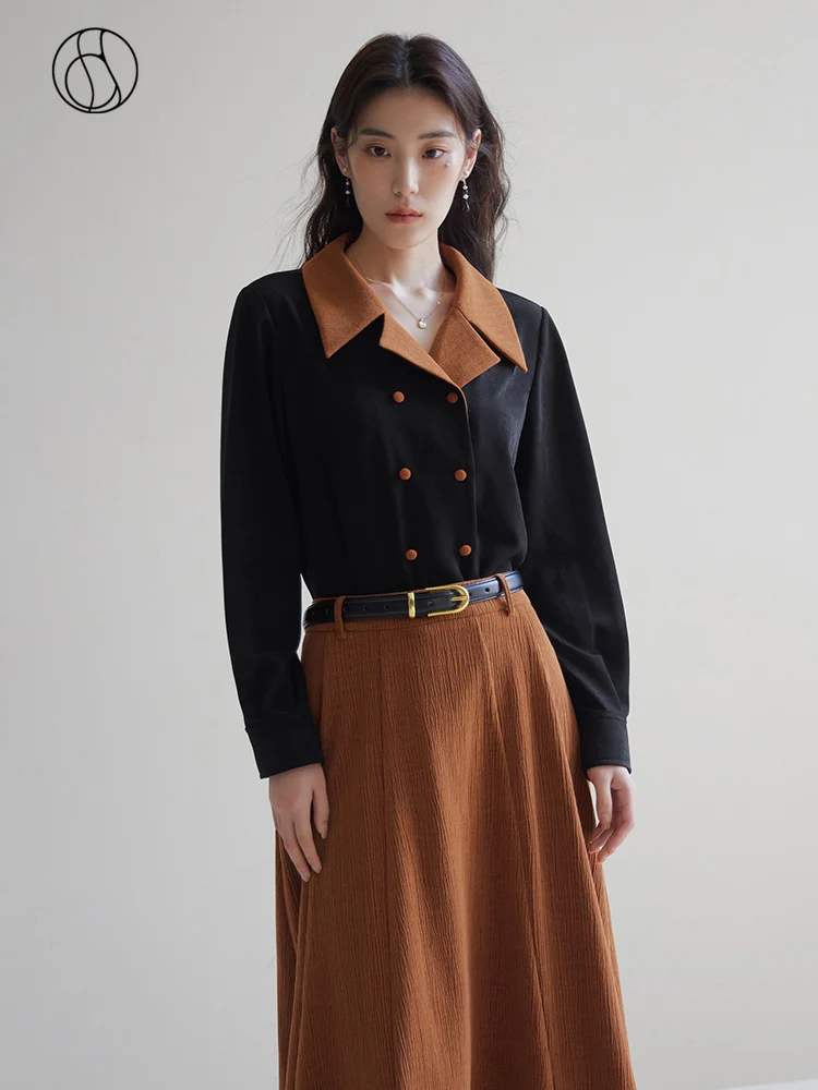 

DUSHU Retro Velvet Contrasting Color Lapel Shirt and Skirt Two-piece Set for Women Winter 2023 Elegant Fashion Suit for Female