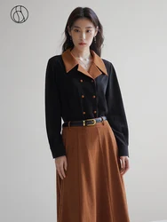 DUSHU Retro Velvet Contrasting Color Lapel Shirt and Skirt Two-piece Set for Women Winter 2023 Elegant Fashion Suit for Female