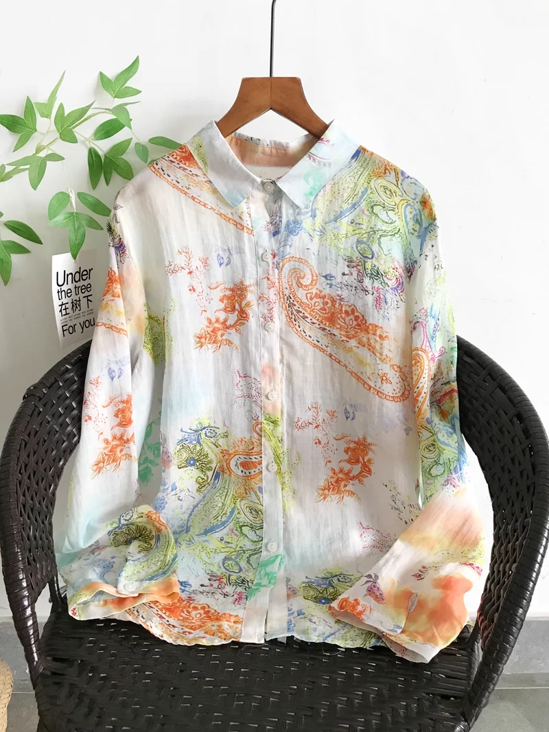 

100% Ramie women's long sleeve top nature material ethnic paisley print shirts and blouses for women fall clothes