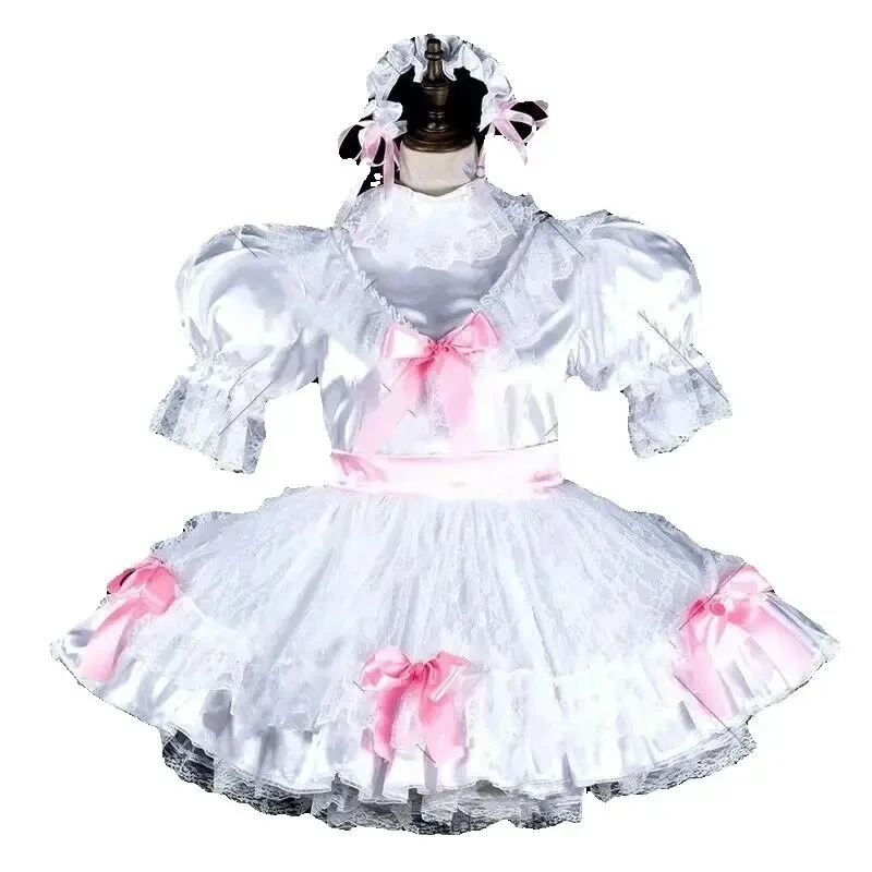 

Sissy White Satin Dress Maid Cosplay Tailor made
