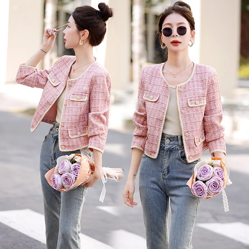 Women's Spring Autumn Short Style Temperament Pink Beige Fragrant Coat Round Neck Tweed Jackets