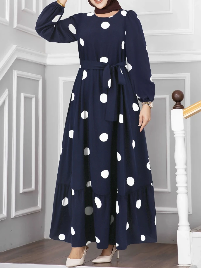 

Dot Print Pattern Slim Fit Women's Dress Elegant Temperament Lantern Long Sleeved Tie Waist Fashion New Casual Loose Long Skirt