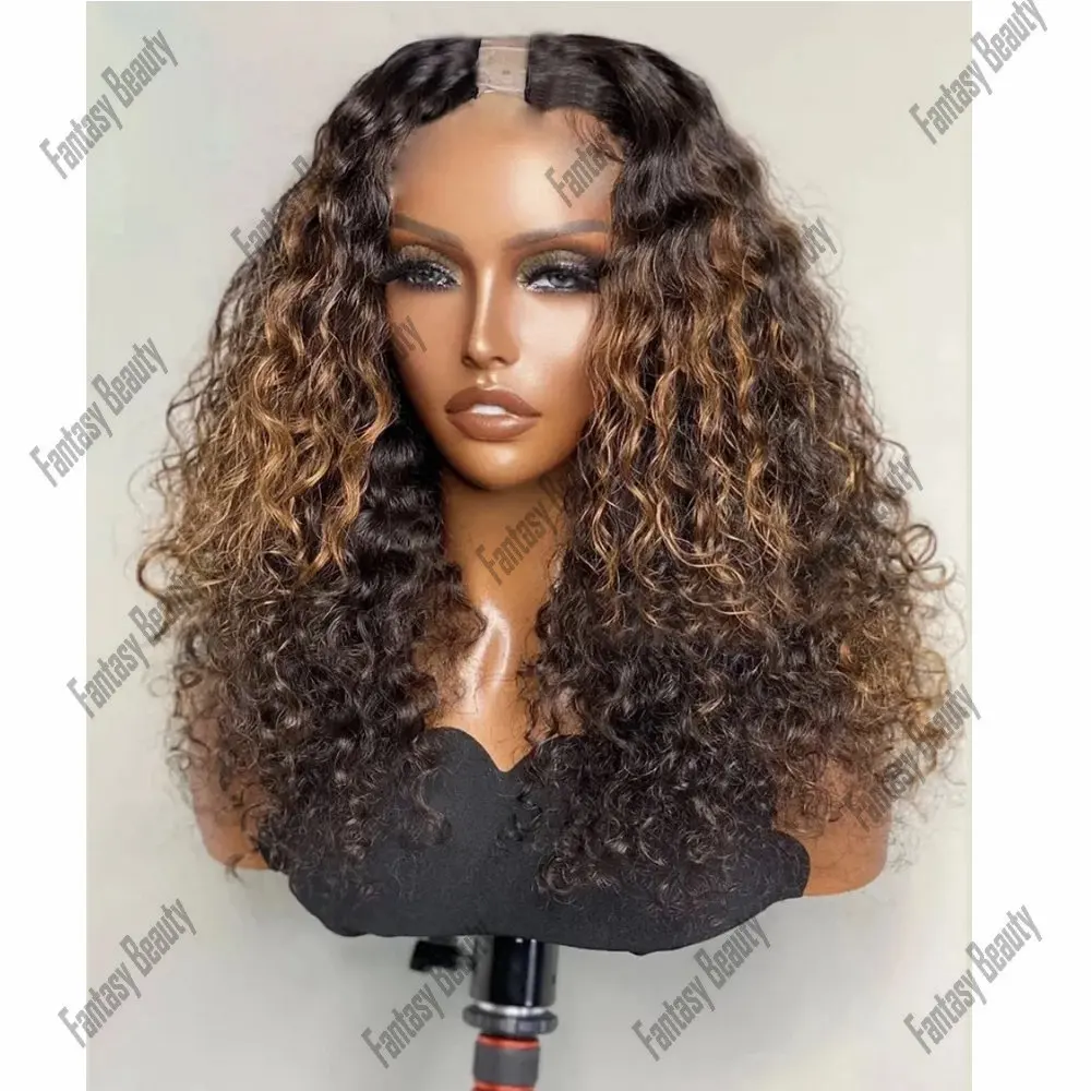 

Ombre Brown 1*4 U Part Wigs Black Roots Kinky Curly Remy Virgin Human Hair Natural V Part Wig with Clip for Women 200% Density