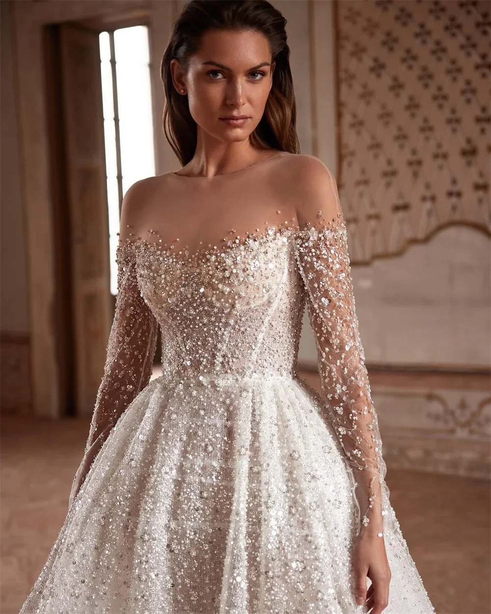 Luxury a Line Wedding Dresses Sexy Illusion Neck Long Sleeves Bridal Gown Graceful Beads Pearls Sequins Customized Best Seller