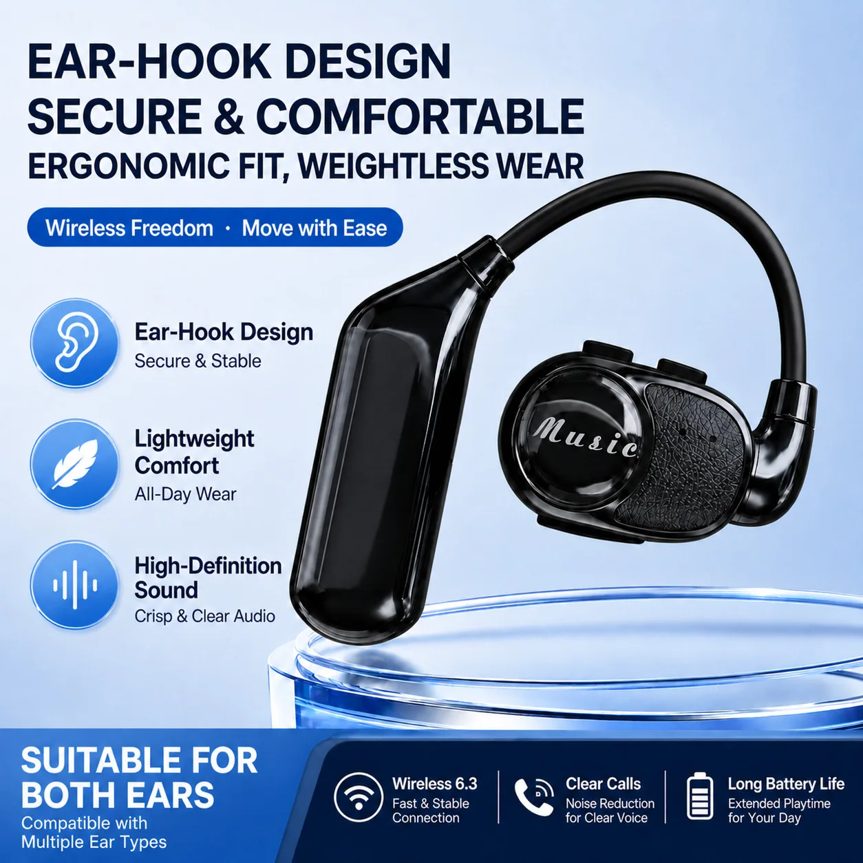 

Single Open-Ear Bluetooth6.3 Headphones 180° Rotatable Ear-Hooks Hi-Fi Sound Noise Cancellation USB-C Wireless Earbuds for Sport