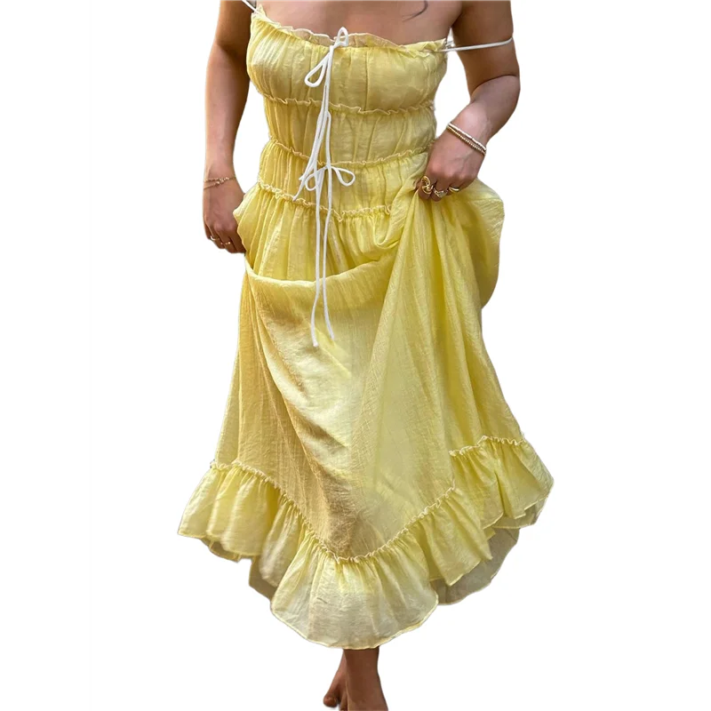 【SEE】สตรี 2025 ฤดูร้อนชุดลําลองสปาเก็ตตี้สายคล้องคอ RIC Rac Trim Smocked Ruffle Beach Long Maxi Dress