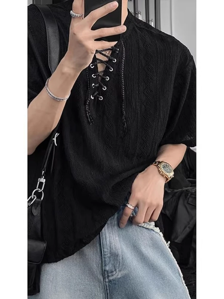 Lace-up V-neck Short Sleeve T-shirt for Men, Loose Summer Trendy Handsome Loose Polo Style Versatile Half Sleeve Casual Top