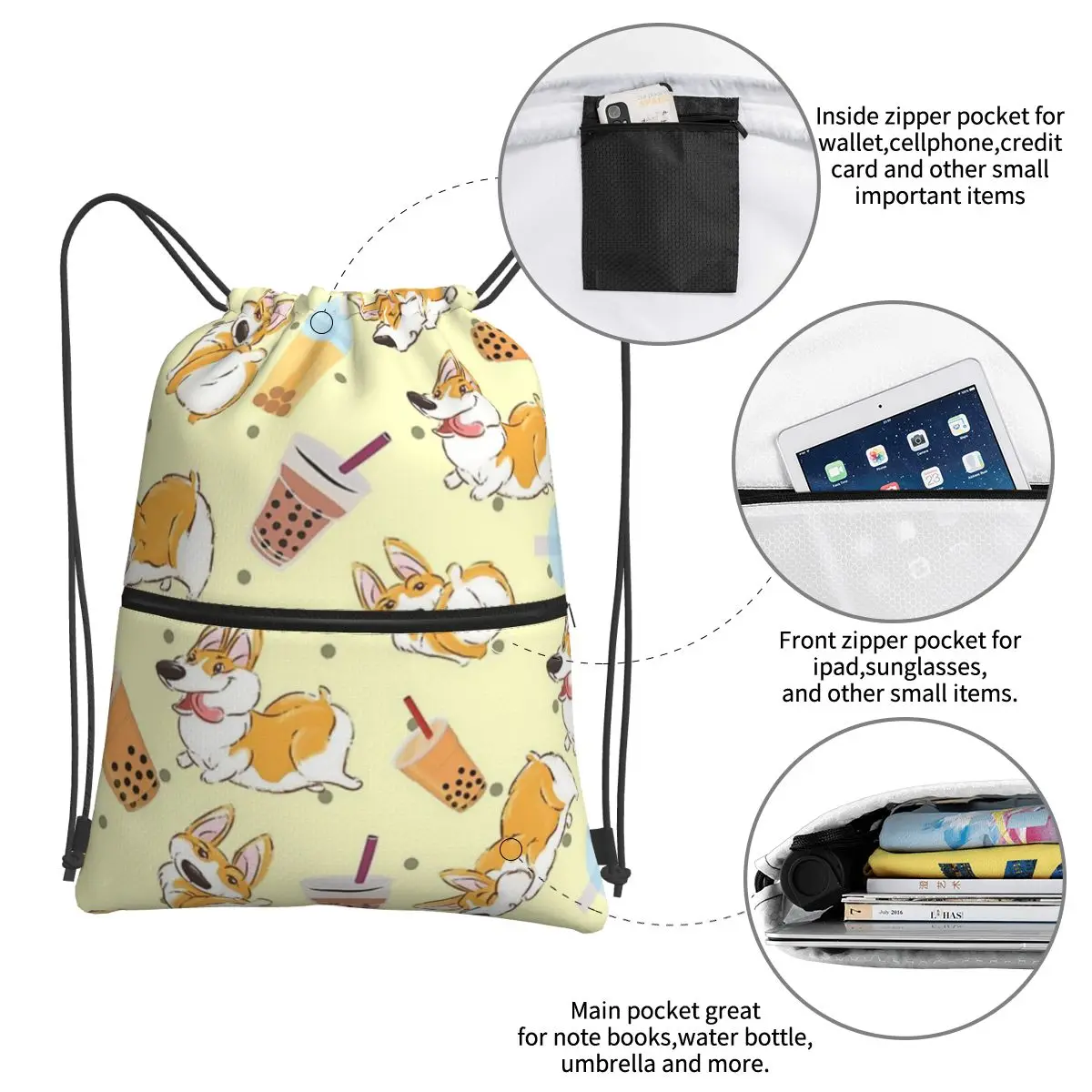 Corgi And Bubble Tea-mochila portátil con cordón para hombre y mujer, bolsa con cordón de moda, bolsa de artículos diversos de bolsillo para viajes, deporte