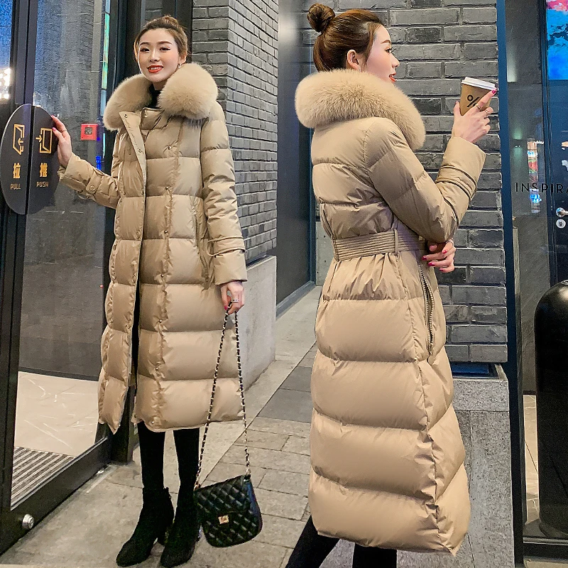 Luxury Brand Women\'s Winter 90% White Duck Down Jacket Real Fox Fur Collar Hooded Long Slim Puffer Fluffy Feather Coat with belt