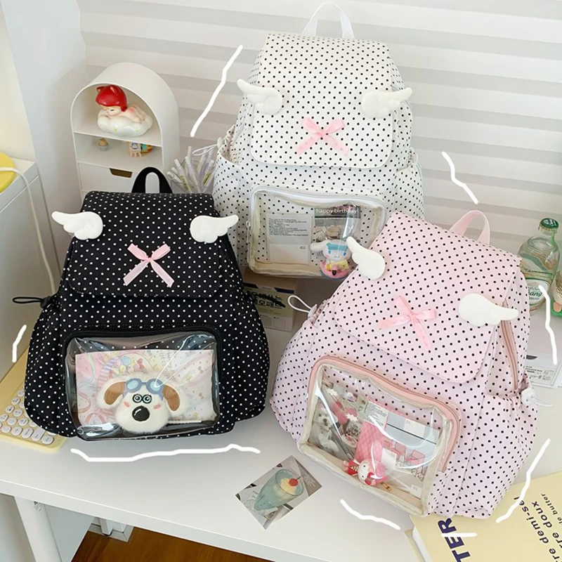 

Richme Kawaii Wings Girls Dots Backpacks 2025 Large Capacity Ita Bags DIY Anime Badge Y2K Casual Students Mochilas Para Mujer