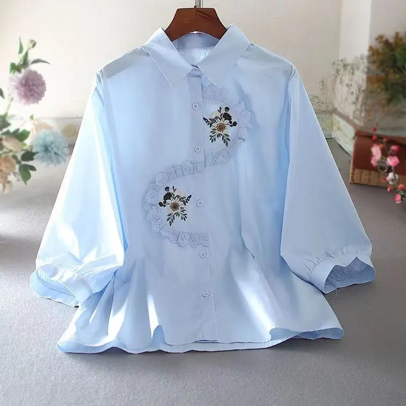 Chinese Style Embroidered Cotton Shirt for Women in 2025 Summer New Casual Loose Slim and Versatile Chinese Style Splicing Top