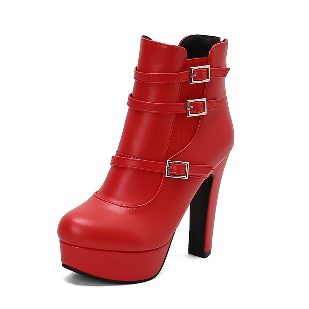 BLXQPYT Ankle Boots Women Extreme Big Size 48 49 50 Round Toe Block High Heels Back Zipper Belt Buckle Platform Boots 30-16