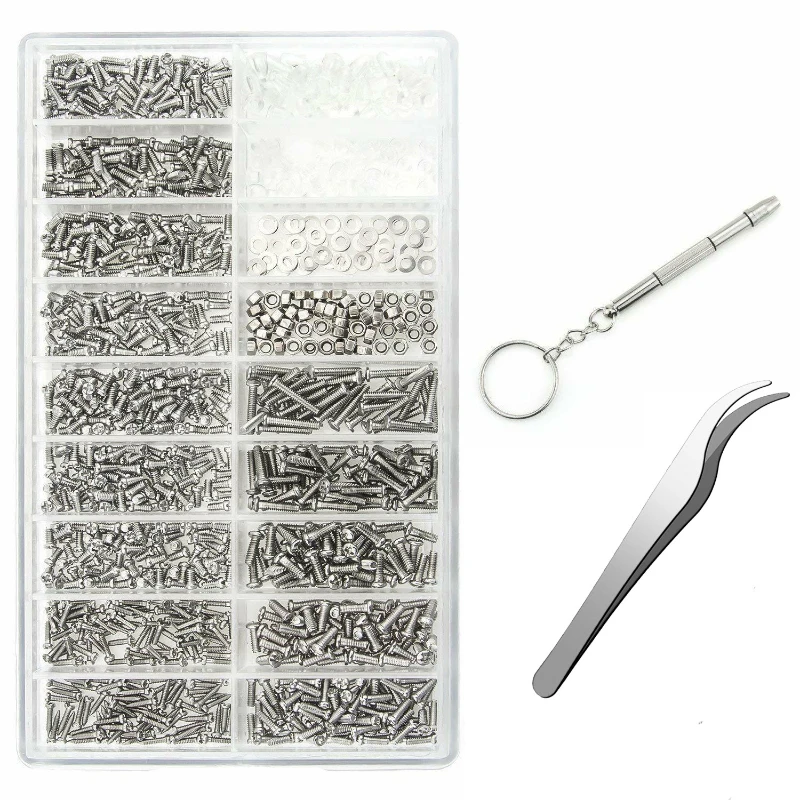1000pcs 18 Sizes Eyeglass Screw Set Optical Glasses Repair Kit with Tweezers Screwdriver for Eyewear Maintenance