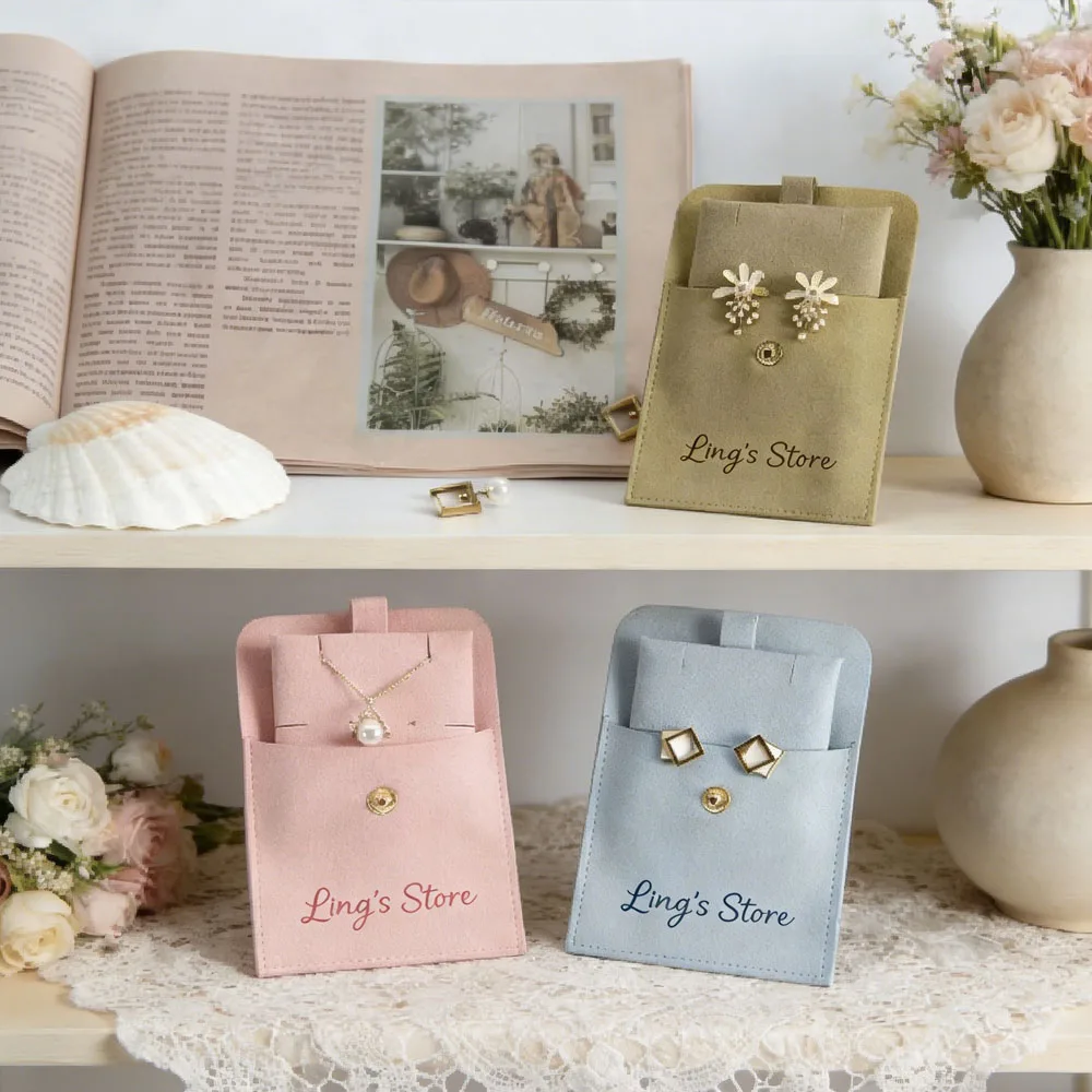 

24/50/100Sets Small Jewelry Microfiber Snap Bag Personalized Insert Hardboard Pad Ring Earring Necklace Pouch Retailor Packaging