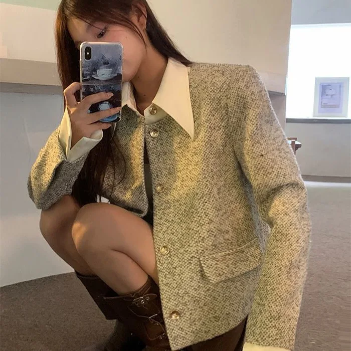 

Tweed Jacket Cream Beige Womens Autumn Panelled Spliced Appliques Charms Ins Fashion Trending Ladylike Female Feminizing Lady OL