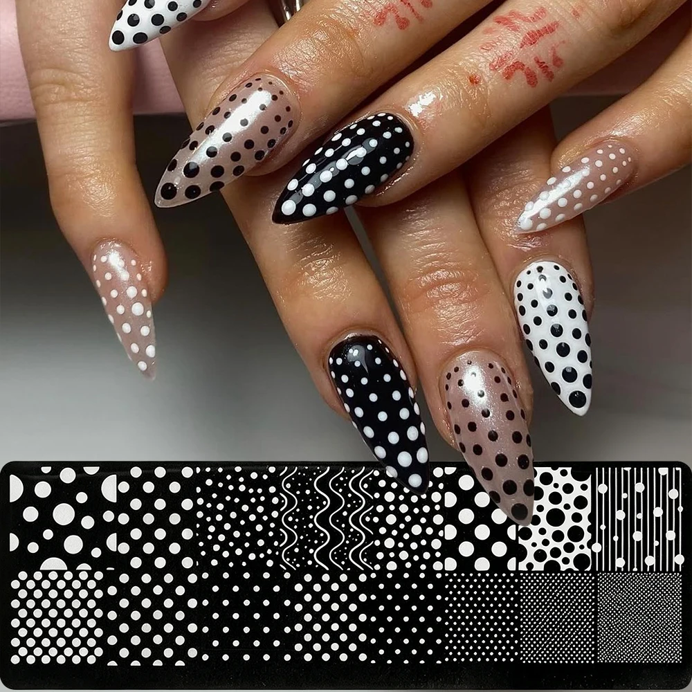 1Pcs Dot Nail Stamp Plate Mixed Size Polk Dots Stripes Wavy Pattern Nail Printing Stencil Reusable Steel Nail Transfer Templates