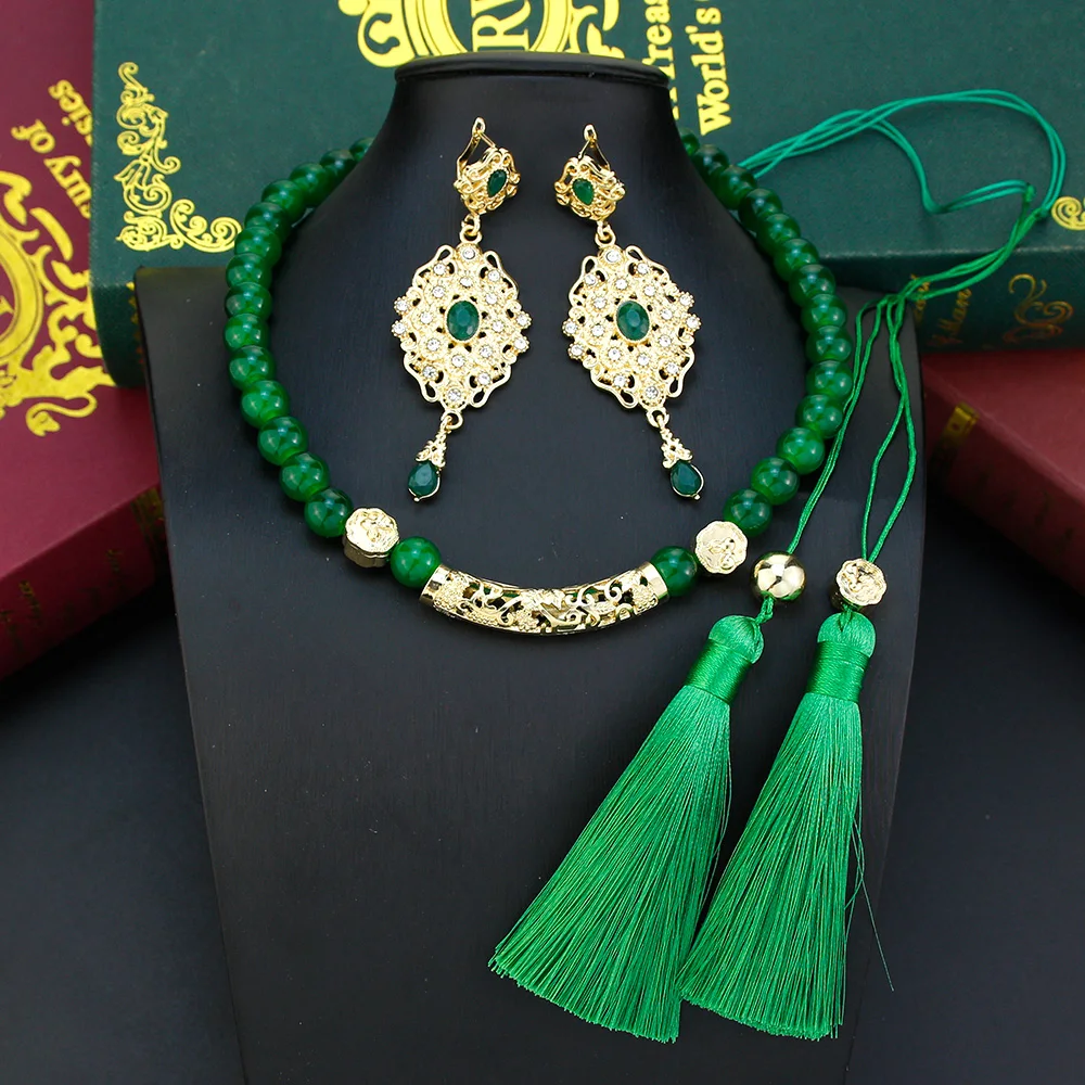 Sun spicems Marokko Seil Perlen Halskette für Frauen arabische Braut Hochzeit Schmuck setzt Stein Quasten Choker Halskette Kristall Ohrring