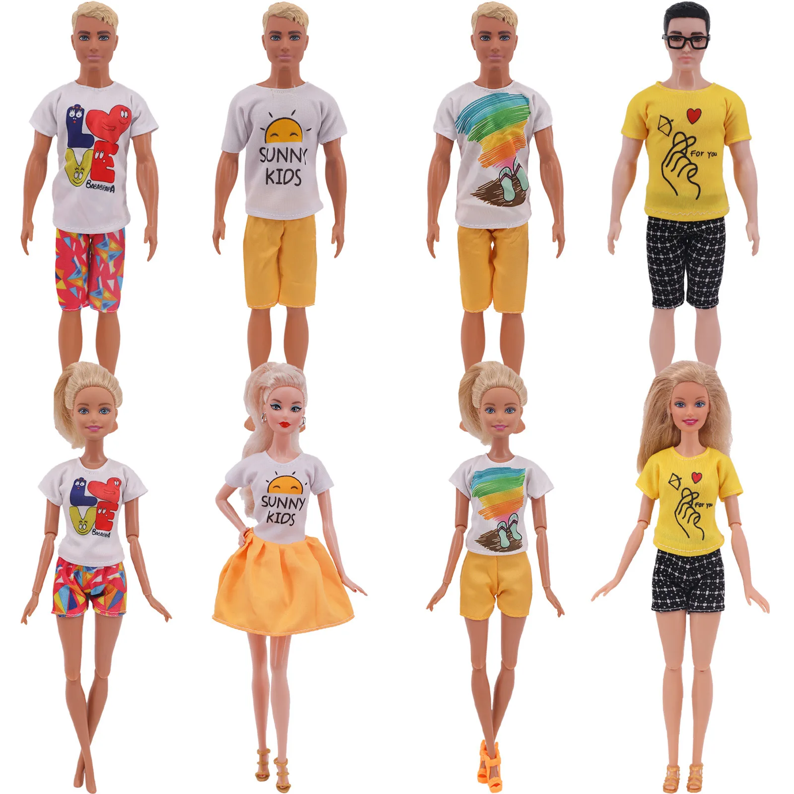 1 Set Summer Men Women Suit Sleeved Shorts Beach Pants Clothing Love Dress For Barbie Doll Accessories Kids Toy