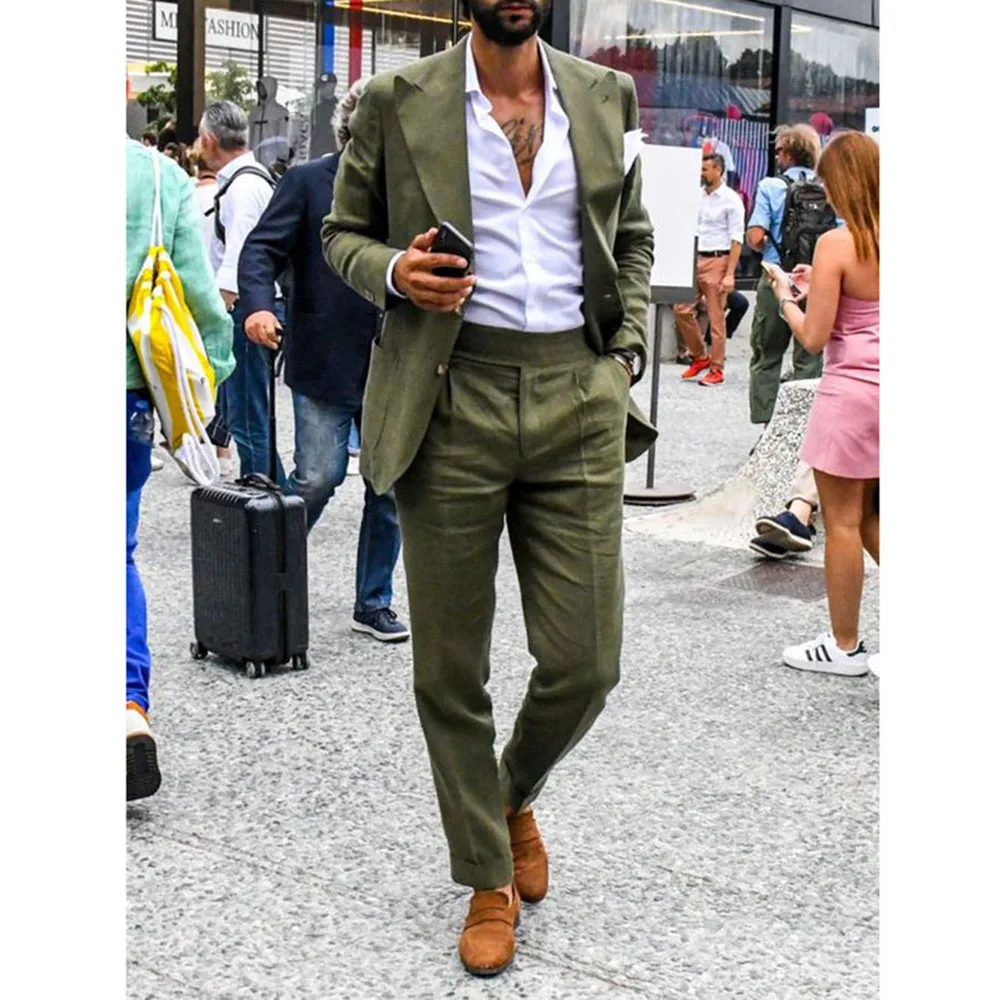 Fashion Chic New in Green Suits for Men Notch Lapel 2 Piece Jacket Pants Male Clothing Elegant Business Gentleman Costumes Sets