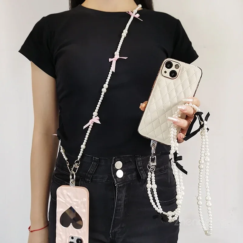 Crossbody Hand with Bow Pearl Chain Drop Resistant Mobile Phone Hanger Neck Back Chain Long Mobile Phone Lanyard for Women image 2