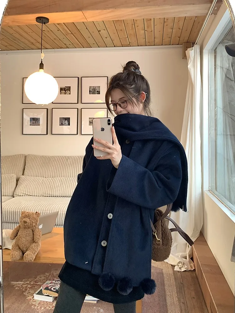

Women's Winter Coat with Built-In Scarf Loose Fit Wool Blend Long Sve Korean Sle Commute Pure Color Button Detail