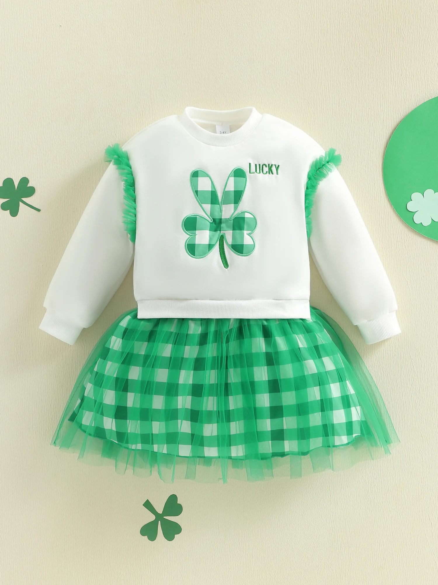 فستان رائع للفتيات الصغيرات في عيد القديس باتريك مع تطريز شامروك وتصميم مرقع منقوش وأكمام طويلة أنيقة للأطفال الصغار #3