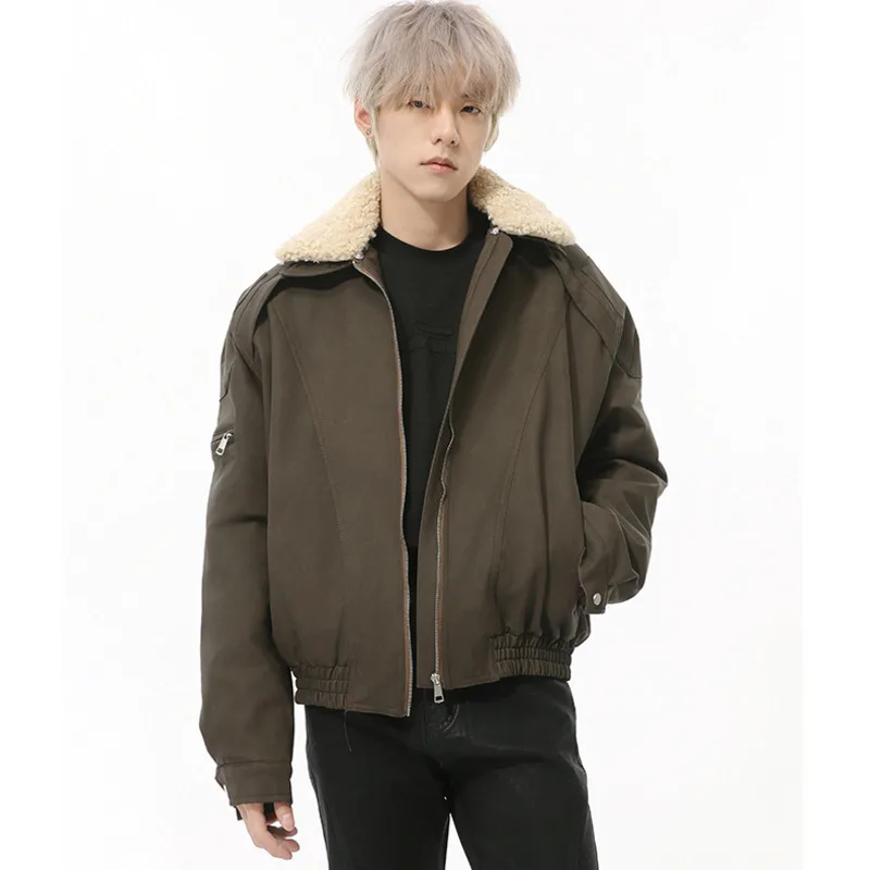 

Vintage Men's Padded Jackets Fur Collar Solid Color Thickened Loose Patchwork Zipper Casual Male Cotton Coats Winter