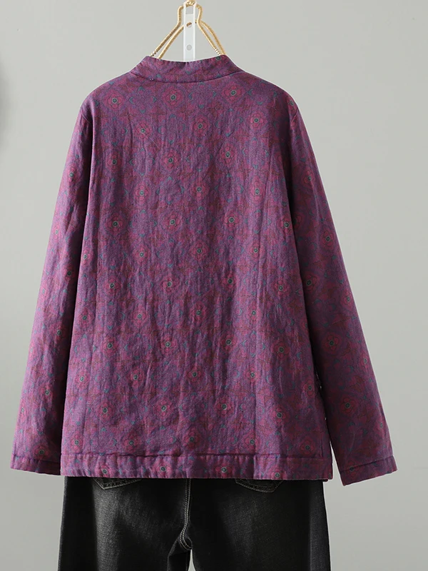 Authentic Retro Cotton Printed Chinese Style Women's Fleece Lined Stand Collar Warm Coat Short Outerwear for Autumn Winter