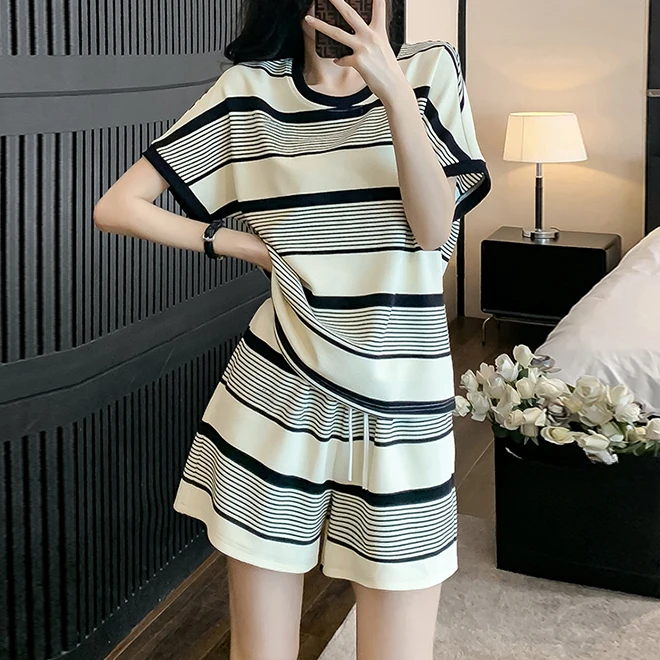 Summer Casual Women Running Sports set stripe Suit korean Loose Short Sleeve O-neck Tops & Shorts 2 piece sets womens outfits