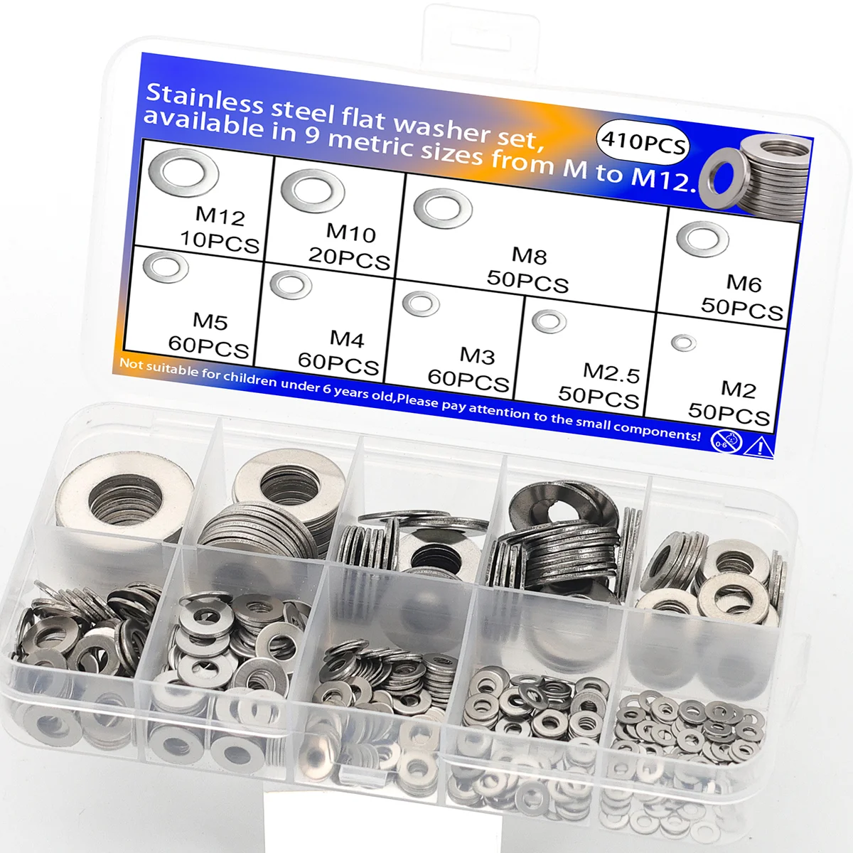 410-teiliges Edelstahl-Unterlegscheiben-Set, Flache Unterlegscheiben (M2-M12) in 9 Metrischen Größen, für Heimreparaturen, Automobil- und DIY-Projekte.