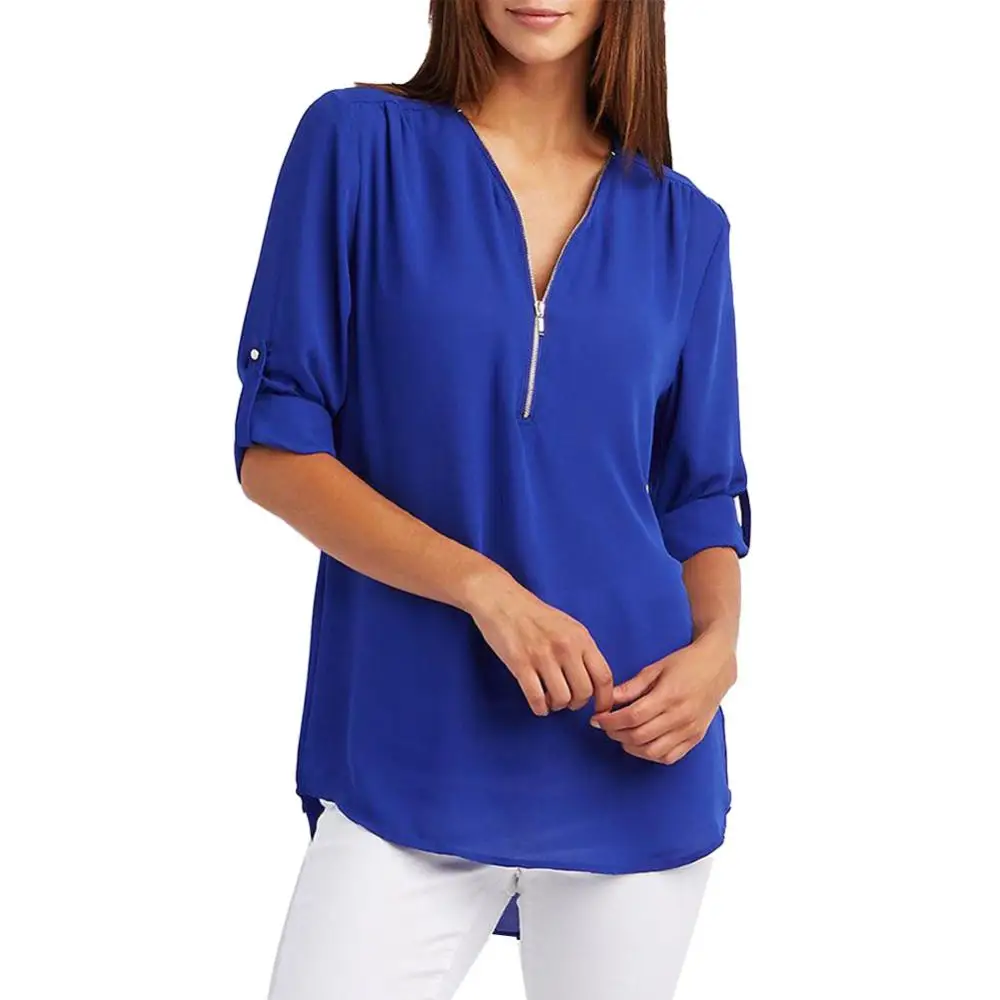 S-5XL Ladies Loose Blouse Chiffon Shirt Zipper V-Neck Half Sleeve Shirts Casual Office Lady Sexy Blouse Shirt Tops Multi Colors