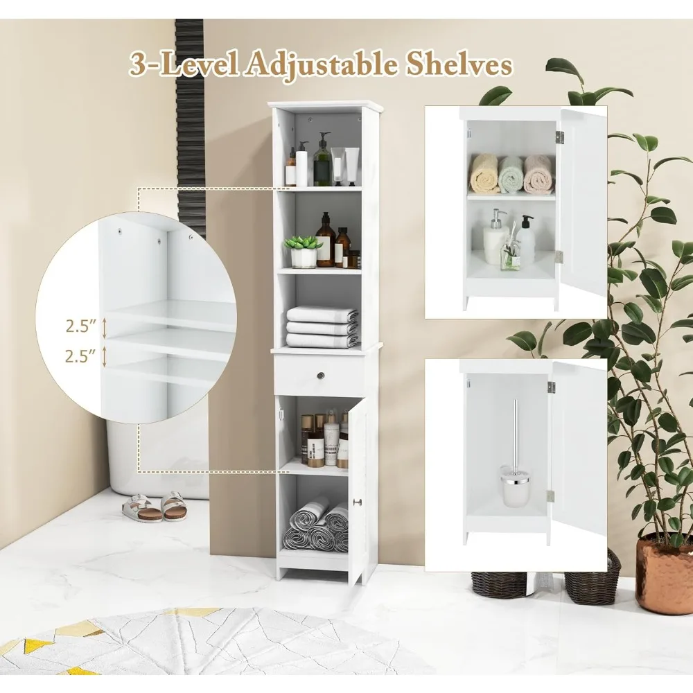 خزانة حمام طويلة بطول 64.5 بوصة، وخزانة تخزين ذات أرضية ضيقة مع أرفف قابلة للتعديل، وباب واحد ودرج واحد، ومضادة للانزلاق