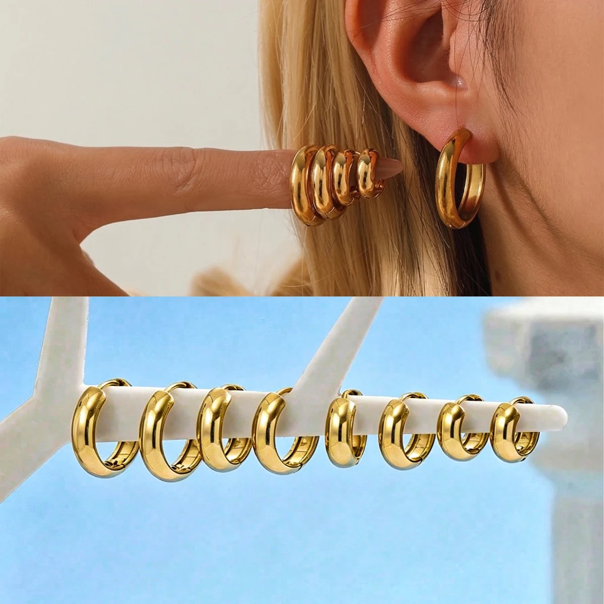 1 Pair Chunky Hoop Earrings 316L Stainless Steel Hypoallergenic Thick Tube Huggie Earrings 8/10/12/14mm Minimalist Everyday Jewe