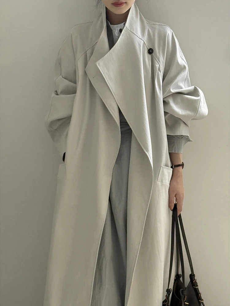 FANAN غير النظامية الوقوف الرقبة طويلة خندق للنساء حزام تجمع الخصر سترة واقية مكتب سيدة معاطف الإناث 2025 الخريف جديد