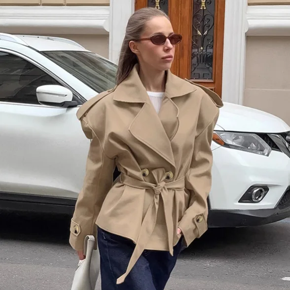 Women's Elegant Short Trench Coat Belted Double Breasted Lapel Jacket Fall Spring Casual Office Outwear