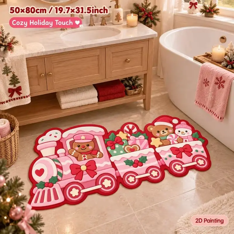 VIKAMA Cute Christmas Snowman Gingerbread Bath Mat Pink Cloud Shape Floor Rug for Bathroom Winter Holiday Cozy Home Decor