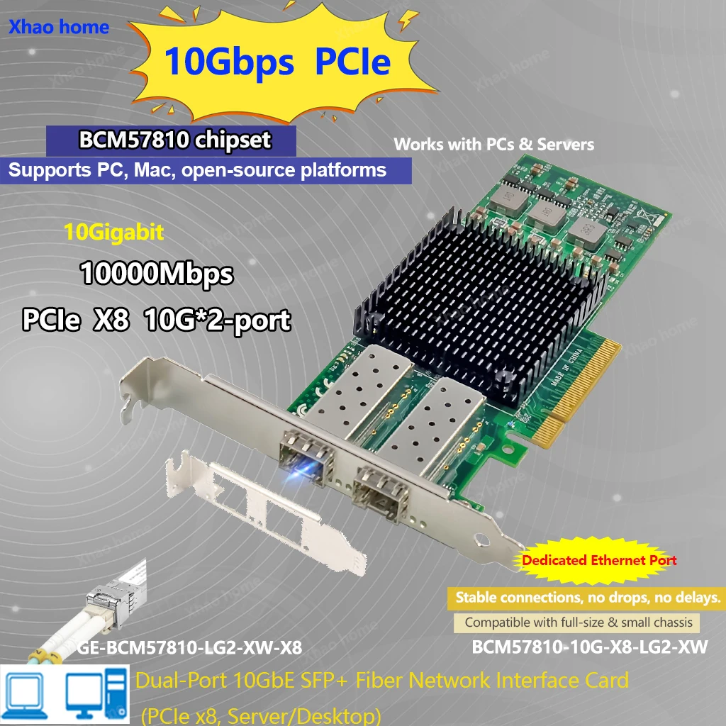 

For Broadcom BCM57810 Dual-Port 10G SFP+ PCIe 3.0 x8 Server Network Card 10G/5G/2.5G/1G Fiber NIC Supports SR/LR Optical Modules