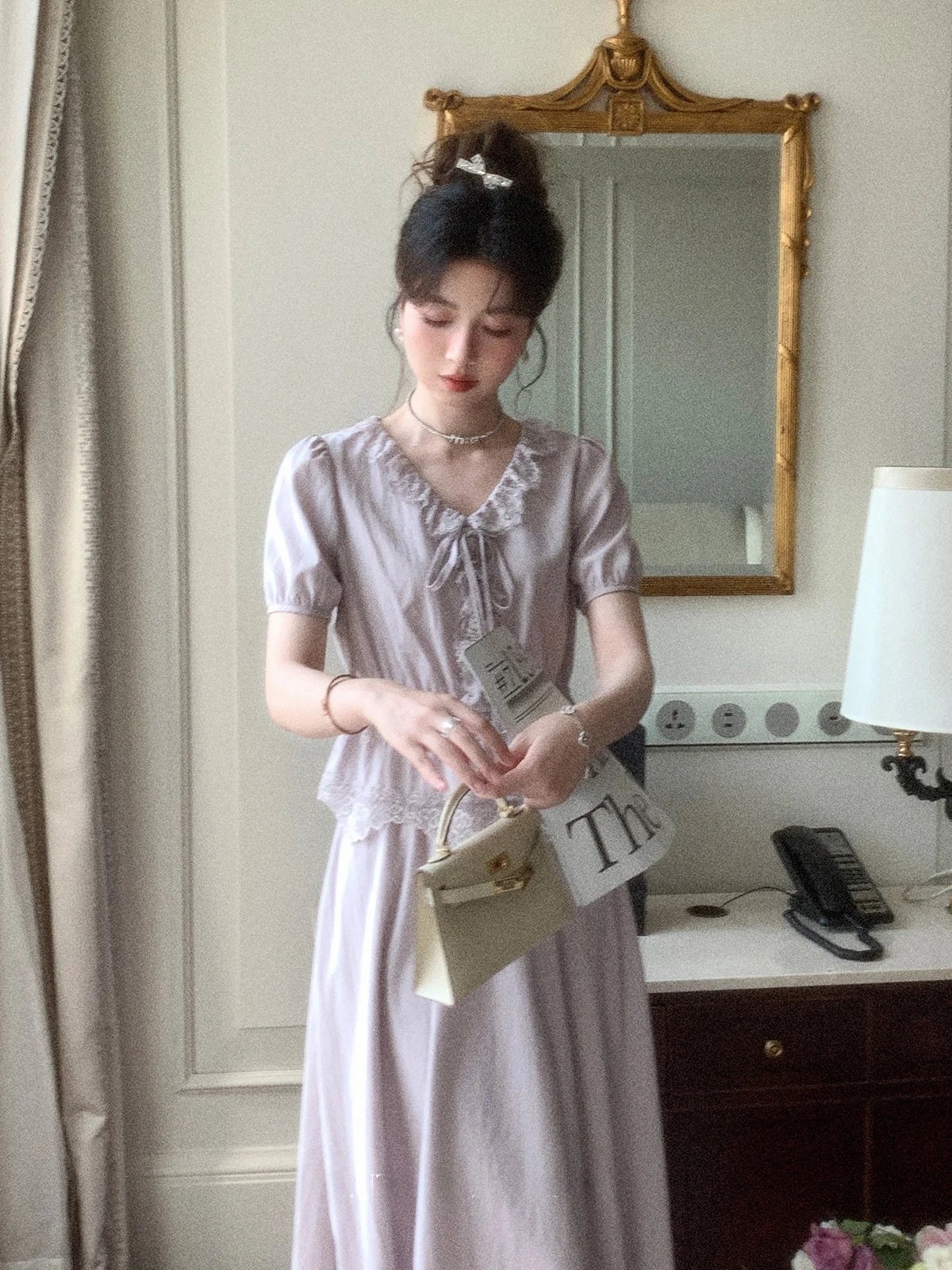 

Lace Short-Sleeve Top And Half Skirt Set Women's Summer Two-Piece Outfit Breathable V-Neck Slim Fit Casual Elegant Style