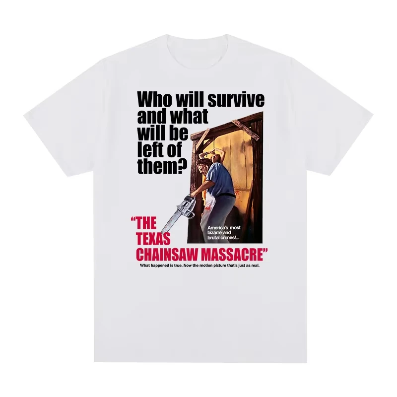 2026 White Crew Neck T‑shirt Retro Horror Movie Poster Style Text Graphic Front Print Unisex Cotton Short Sleeve Tee