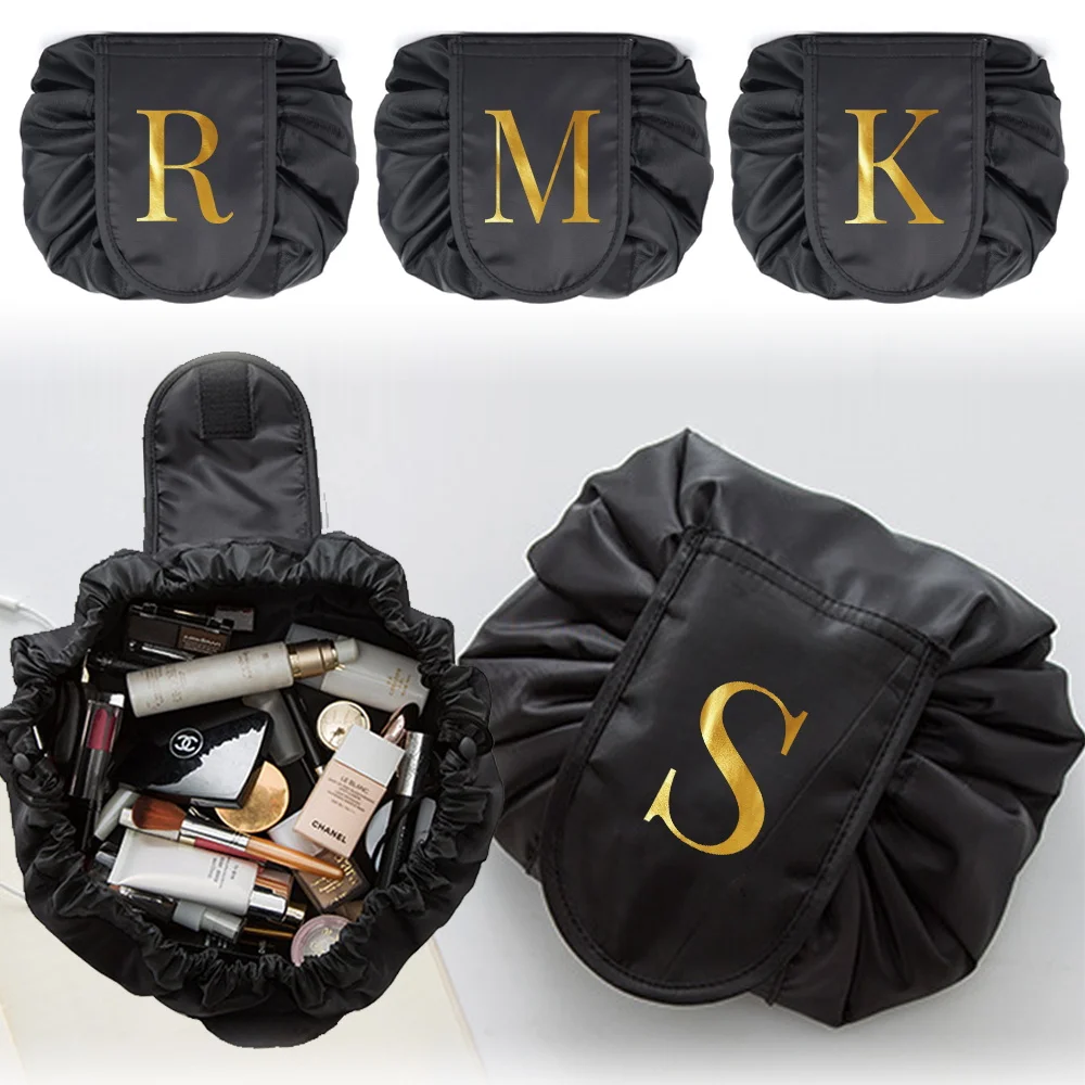 1pc Black Lazy Makeup Bag Drawstring Closure Simple and Durable Makeup Storage Case Crossbody Bag Letter Printing Series