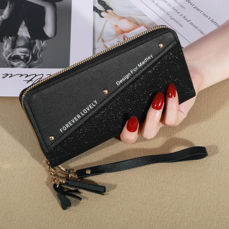 KISMIS New Long Women's Zipper Wallet - Korean Splicing, Color Contrast, Tassel, and Rivet Details