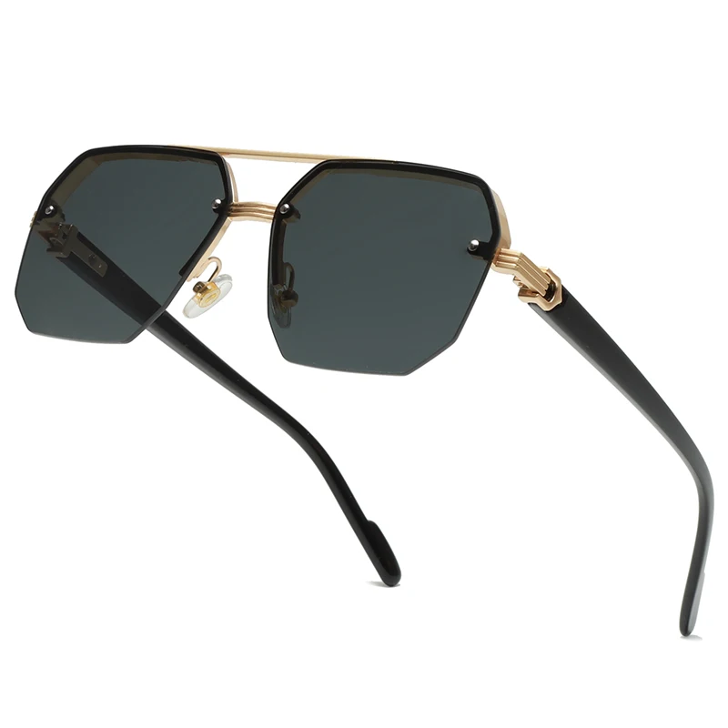 Men Double Bridge Hexagonal Square Sunglasses, Metal Rim UV400 Dark Lens Driving Shades, Retro Macho Street Fashion Eyewear for Outdoor Travel