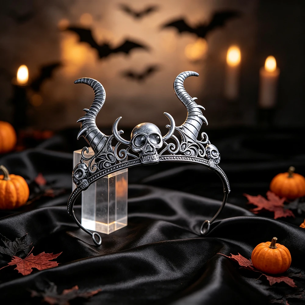 Gothic Demon Horn Skull Metal Tiara Crown Vintage Skeleton Witch Headband Halloween Cosplay Masquerade Hair Accessories Women
