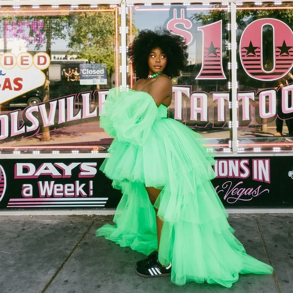 

Mint Tulle High Low Girls Dresses To Party Strapless Half Sleeves Tiered Summer Holiday Beach Dress Women Birthday Gowns