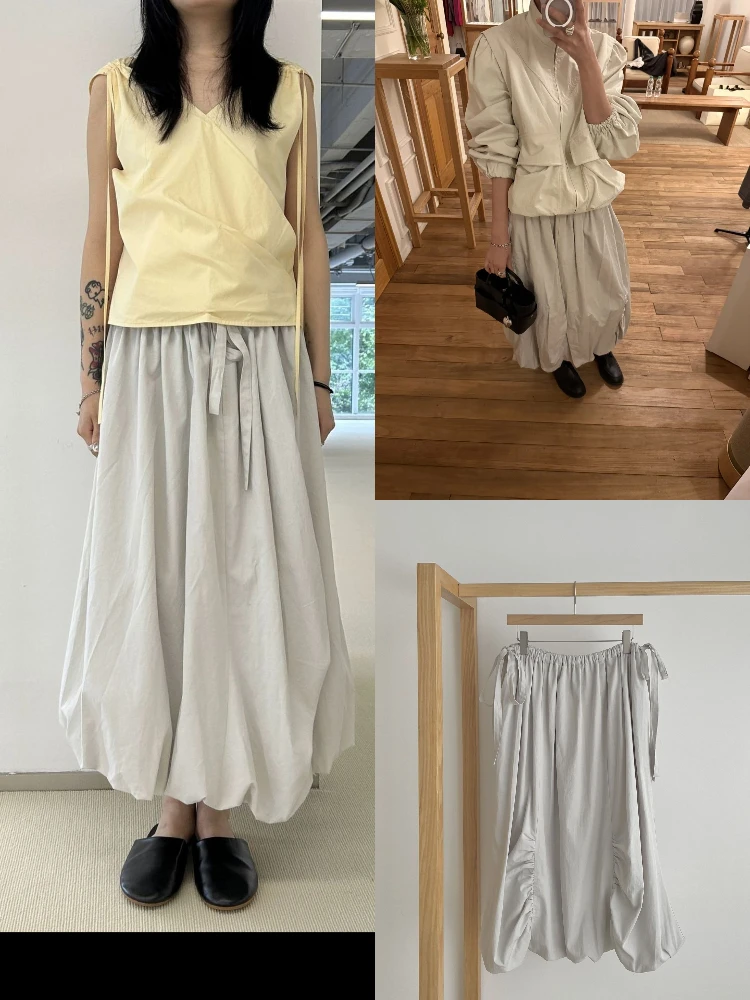 

Sle Etos Dstring Loose A-Line Midi Skirt Women's High Waist Pure Color Commute Summer Faion Lazy Artistic