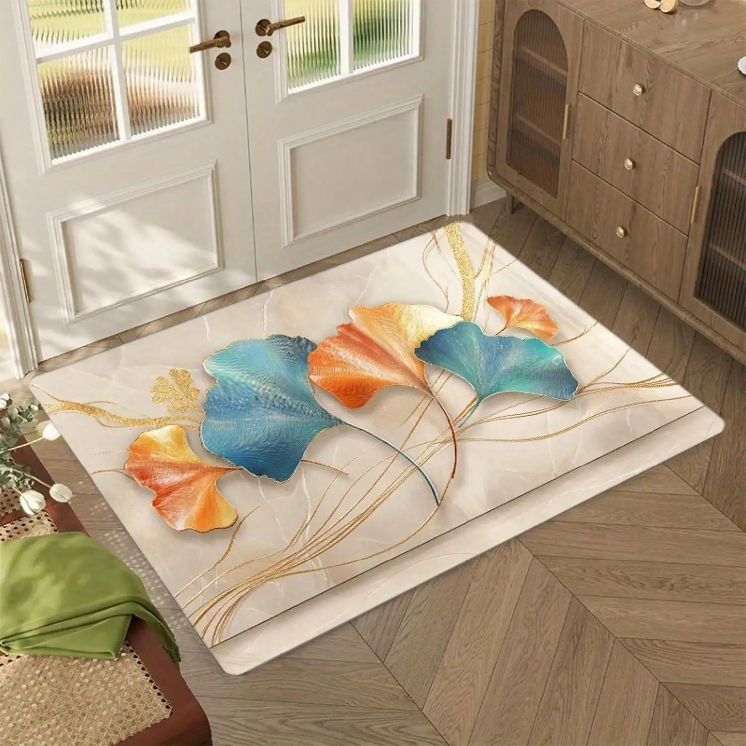 1pc Minimalist Ginkgo Leaf With Golden Border Washable Floor Mat, Soft Non-Slip Doormat, Bathroom Mat, Kitchen Mat, Laundry Room, Bedroom, Living Room Mat